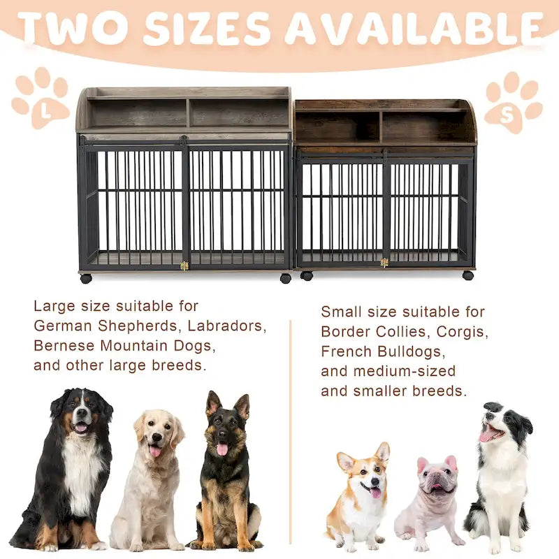 44 Heavy Duty Large Dog Crate Furniture for Large Medium Dog with Lockable Wheels, Wooden Dog Crate Dog Kennel