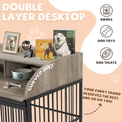 44 Heavy Duty Large Dog Crate Furniture for Large Medium Dog with Lockable Wheels, Wooden Dog Crate Dog Kennel