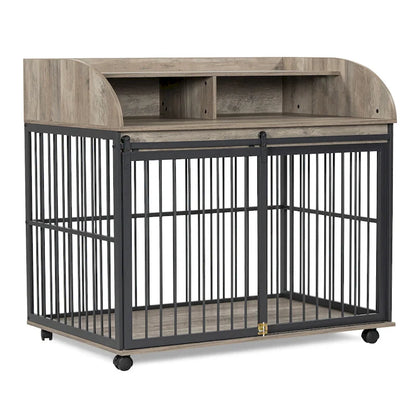 44 Heavy Duty Large Dog Crate Furniture for Large Medium Dog with Lockable Wheels, Wooden Dog Crate Dog Kennel