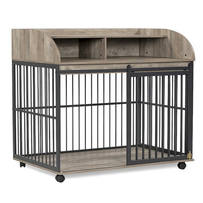 44 Heavy Duty Large Dog Crate Furniture for Large Medium Dog with Lockable Wheels, Wooden Dog Crate Dog Kennel