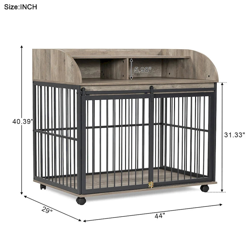 44 Heavy Duty Large Dog Crate Furniture for Large Medium Dog with Lockable Wheels, Wooden Dog Crate Dog Kennel