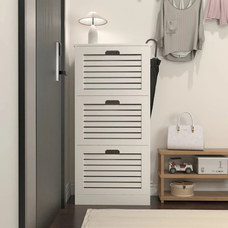 Wooden Shoe Cabinet for Entryway, White Shoe Storage Cabinet with 3 Flip Doors 20.94x9.45x43.11 inch