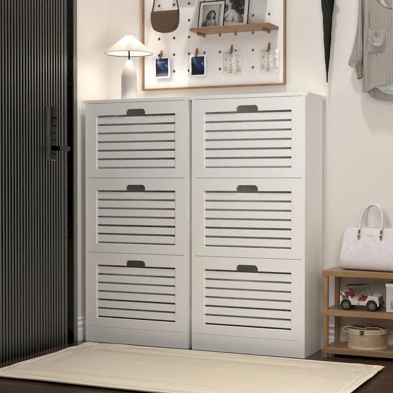 Wooden Shoe Cabinet for Entryway, White Shoe Storage Cabinet with 3 Flip Doors 20.94x9.45x43.11 inch