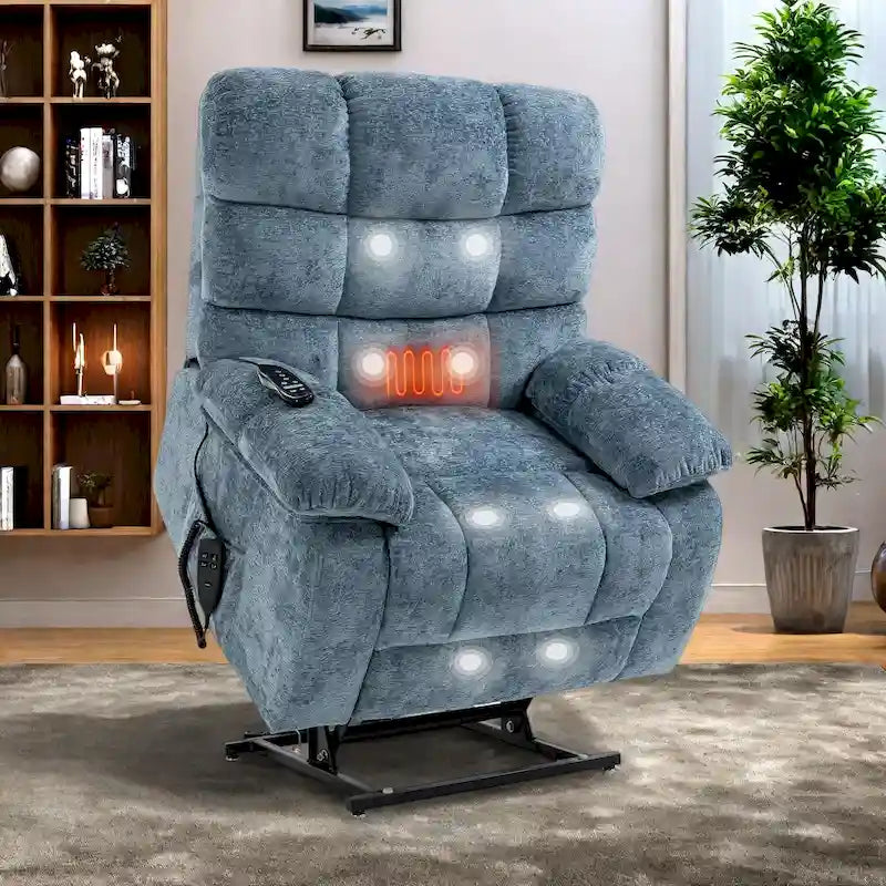 Oversized Chenille Power Lift Recliner Chair with Massage and Lumbar Heating, Charging Port, 180 Lying Flat