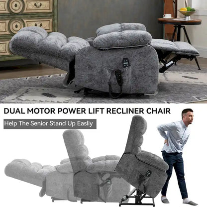 Oversized Chenille Power Lift Recliner Chair with Massage and Lumbar Heating, Charging Port, 180 Lying Flat