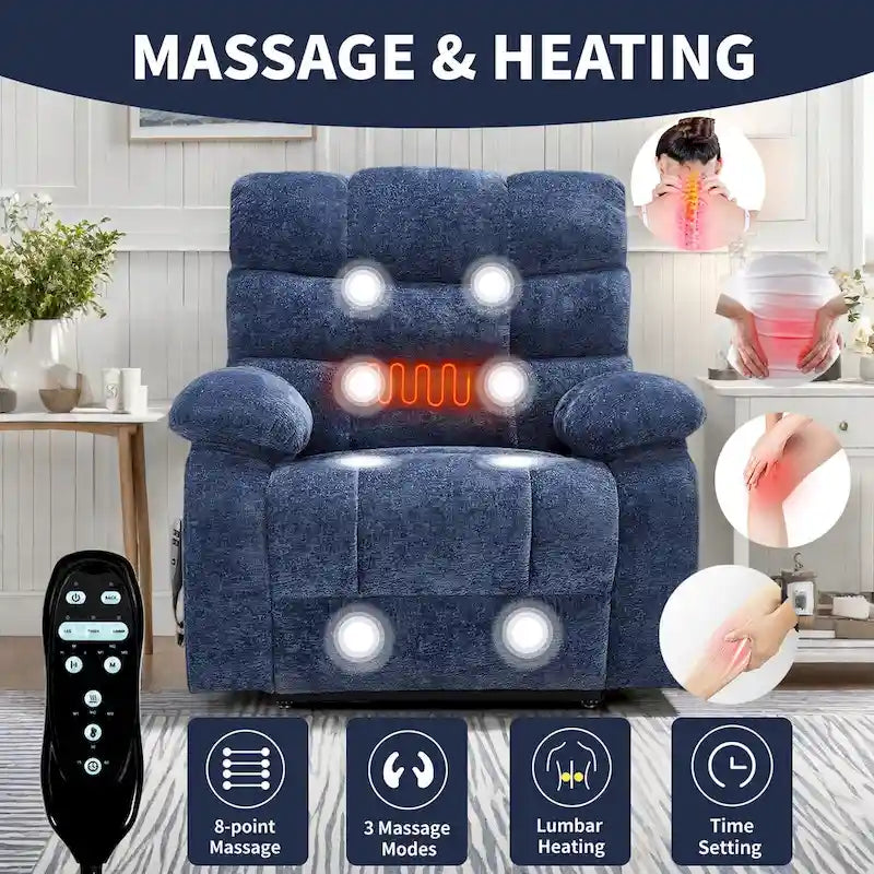 Oversized Chenille Power Lift Recliner Chair with Massage and Lumbar Heating, Charging Port, 180 Lying Flat