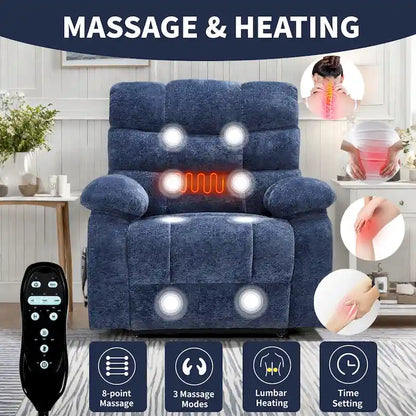 Oversized Chenille Power Lift Recliner Chair with Massage and Lumbar Heating, Charging Port, 180 Lying Flat
