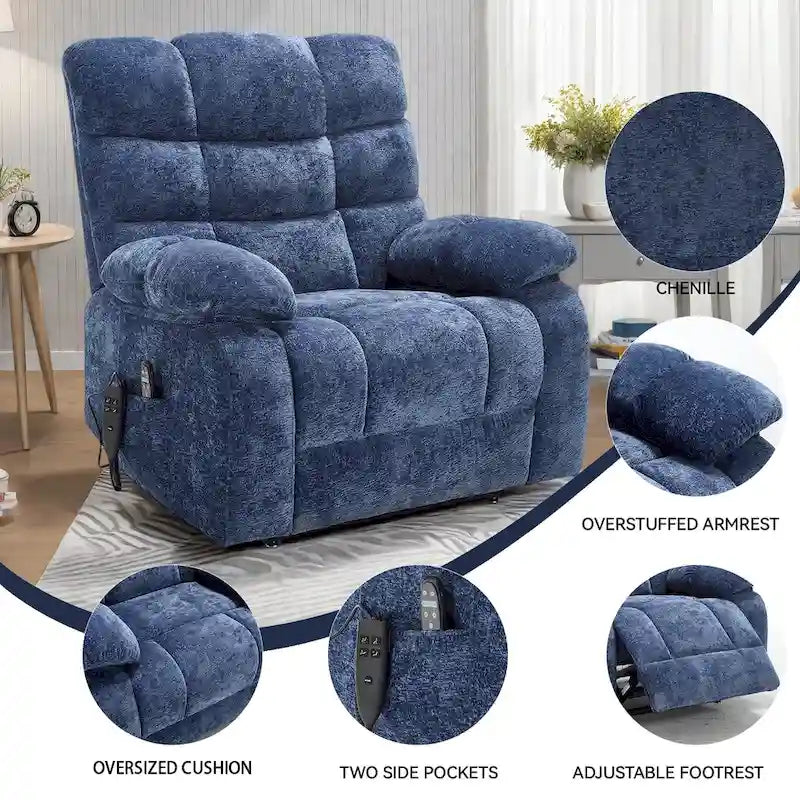 Oversized Chenille Power Lift Recliner Chair with Massage and Lumbar Heating, Charging Port, 180 Lying Flat