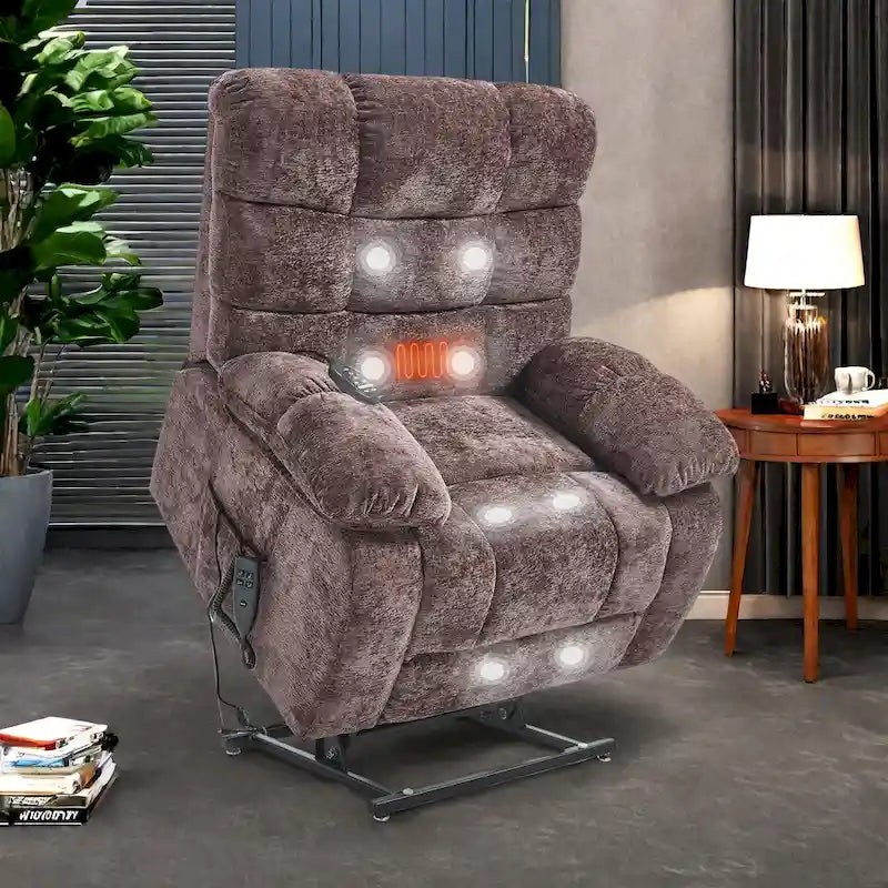 Oversized Chenille Power Lift Recliner Chair with Massage and Lumbar Heating, Charging Port, 180 Lying Flat