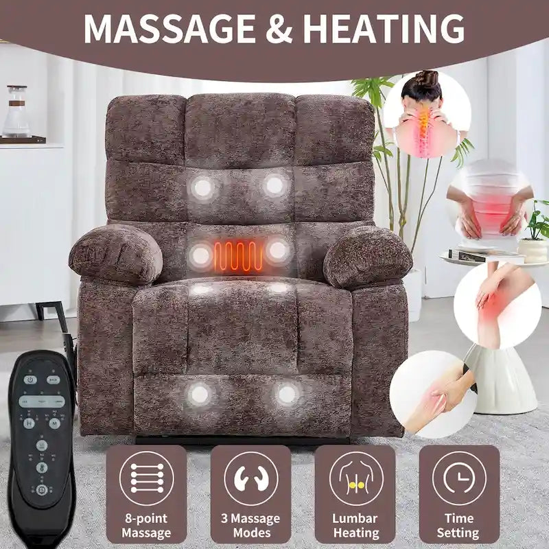 Oversized Chenille Power Lift Recliner Chair with Massage and Lumbar Heating, Charging Port, 180 Lying Flat
