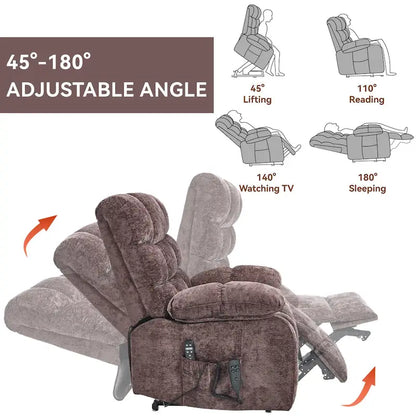 Oversized Chenille Power Lift Recliner Chair with Massage and Lumbar Heating, Charging Port, 180 Lying Flat