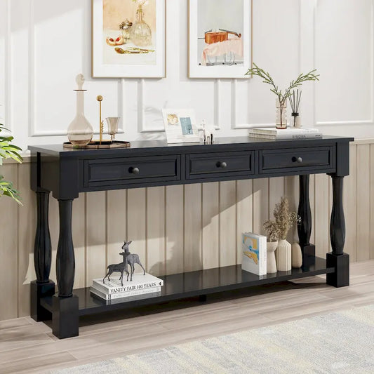 Mediterranean Console Table with 3 Storage Drawers and Open Bottom Shelf for Home Entryway and Hotel