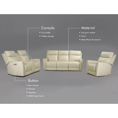 Genuine Leather 3-Piece Power Reclining Sofa Set with Power Headrest and USB&USB-C Port, Zero Gravity
