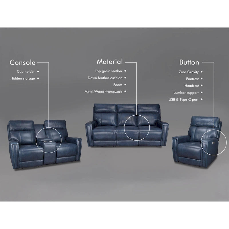 Genuine Leather 3-Piece Power Reclining Sofa Set with Power Headrest and USB&USB-C Port, Zero Gravity