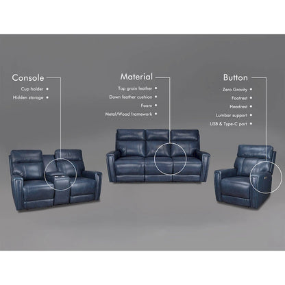 Genuine Leather 3-Piece Power Reclining Sofa Set with Power Headrest and USB&USB-C Port, Zero Gravity
