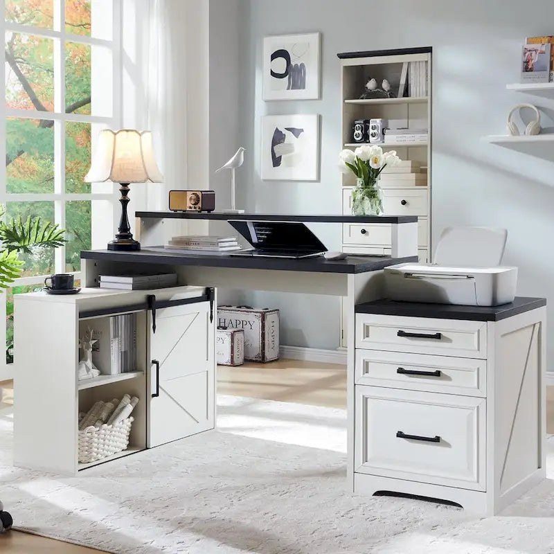 Modern Farmhouse Home Office Desk, Computer Desk with File Cabinet