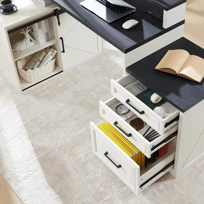 Modern Farmhouse Home Office Desk, Computer Desk with File Cabinet