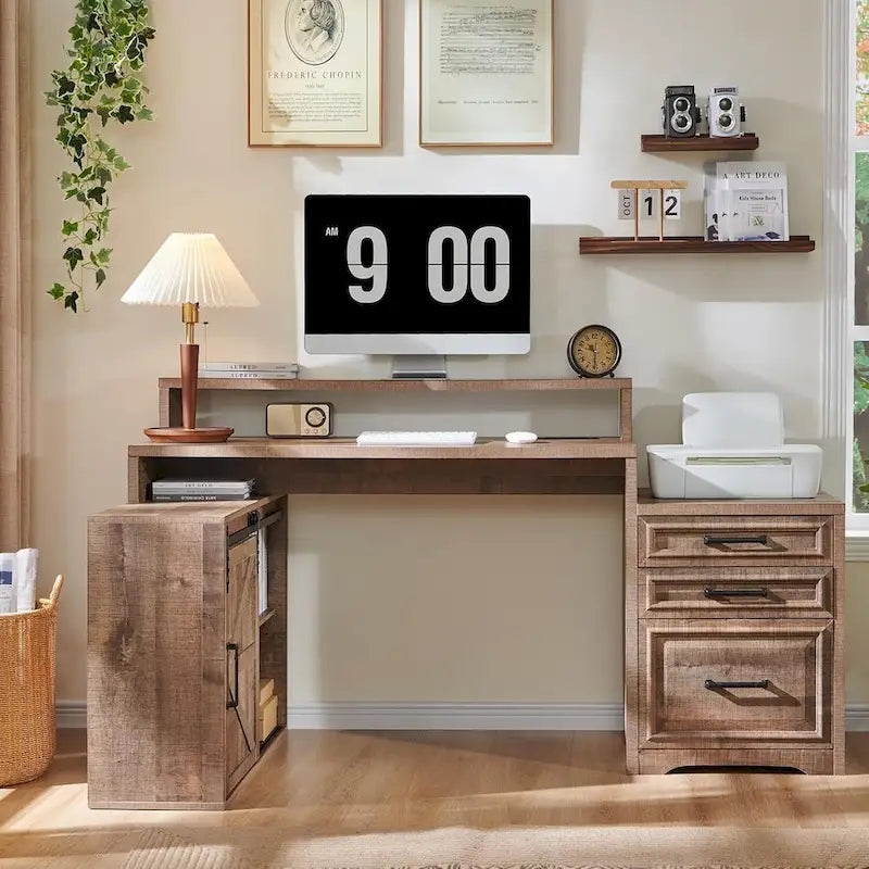 Modern Farmhouse Home Office Desk, Computer Desk with File Cabinet