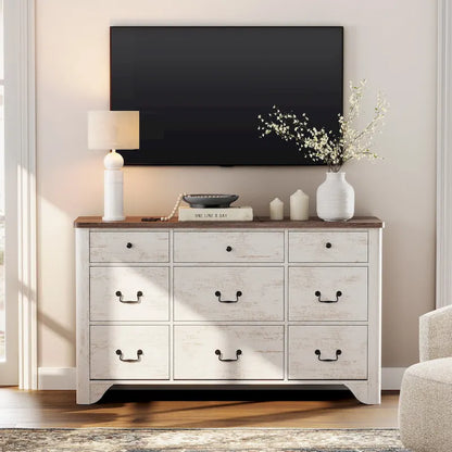WAMPAT 53.5 Wide Farmhouse White Dresser TV Stand with Curved Edge Design and Wide Chests of Drawers