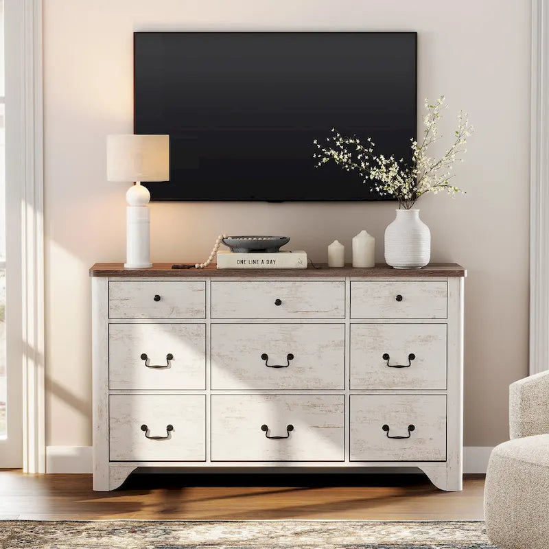 WAMPAT 53.5 Wide Farmhouse White Dresser TV Stand with Curved Edge Design and Wide Chests of Drawers