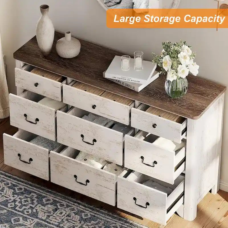 WAMPAT 53.5 Wide Farmhouse White Dresser TV Stand with Curved Edge Design and Wide Chests of Drawers