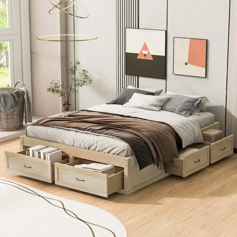 Queen Size Platform Bed with 6 Storage Drawers