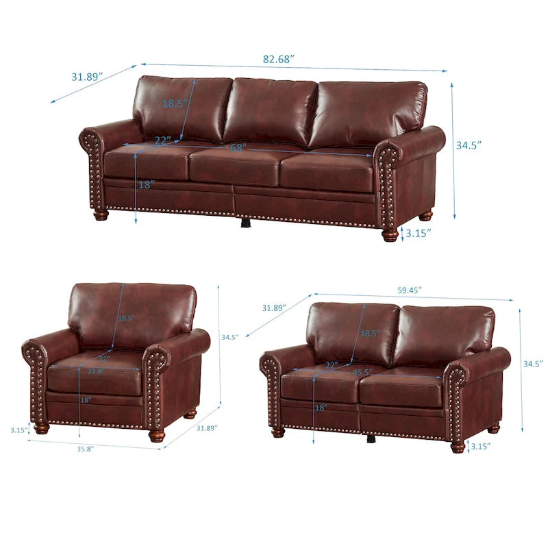 3-pieces Mid-Century Modern Faux Leather Sofa Set with Storage, 1+2+3 Seater