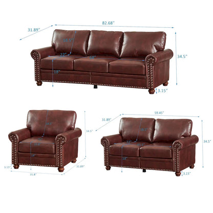 3-pieces Mid-Century Modern Faux Leather Sofa Set with Storage, 1+2+3 Seater
