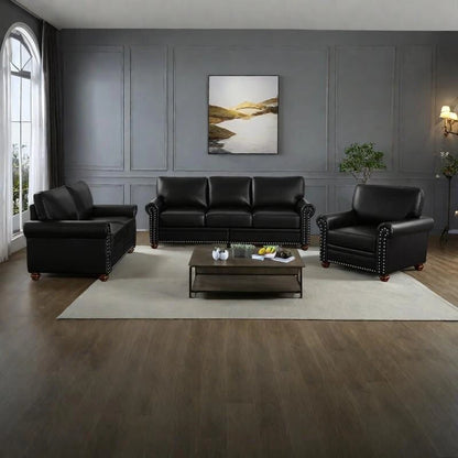 3-pieces Mid-Century Modern Faux Leather Sofa Set with Storage, 1+2+3 Seater