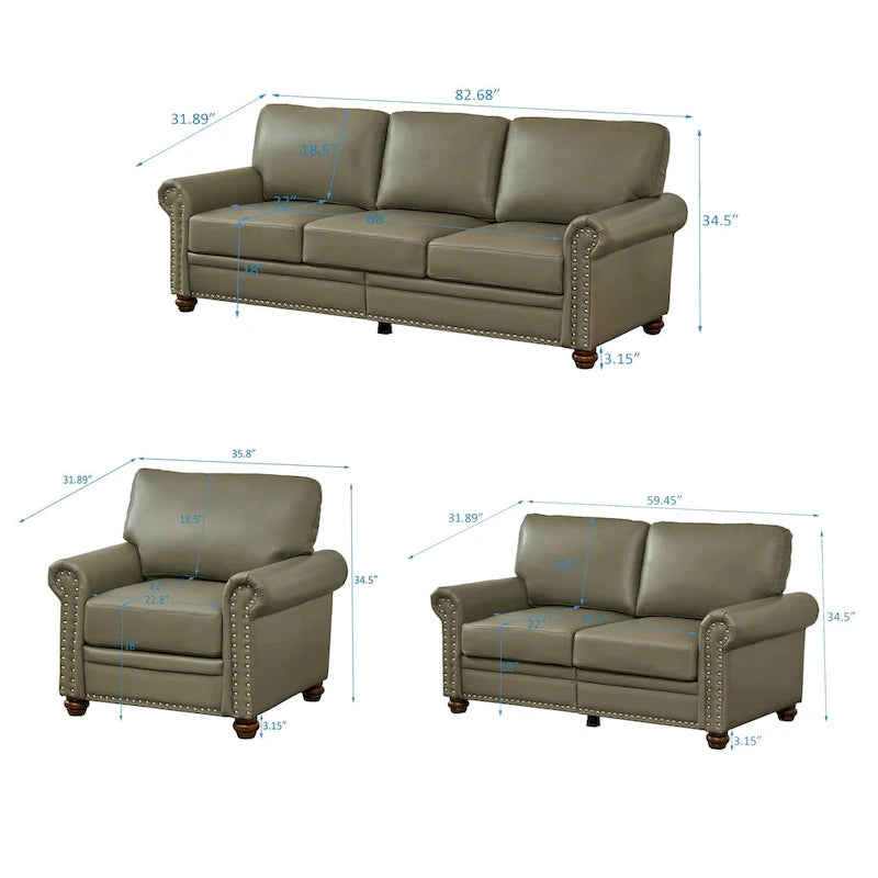 3-pieces Mid-Century Modern Faux Leather Sofa Set with Storage, 1+2+3 Seater