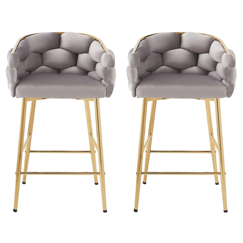 Modern 28-Inch Set of 2 Bar Stools with Velvet Padded Backrest Seat, Metal Legs for Dining Room Living Room and Bedroom