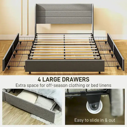 Queen Size Storage Bed with 4 Drawers, 730lb Capacity & Linen Headboard
