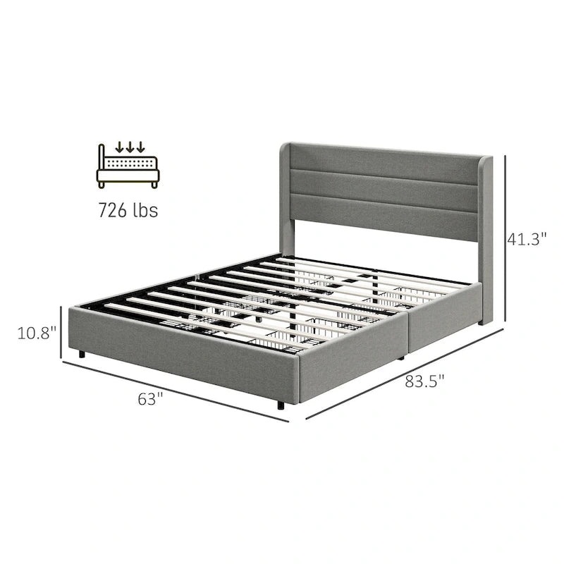 Queen Size Storage Bed with 4 Drawers, 730lb Capacity & Linen Headboard