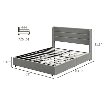 Queen Size Storage Bed with 4 Drawers, 730lb Capacity & Linen Headboard