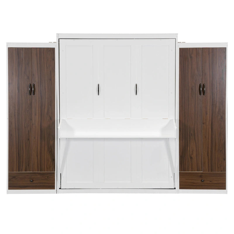 Murphy Bed Wall Bed with Wardrobe, Drawers, LED Light and Desk