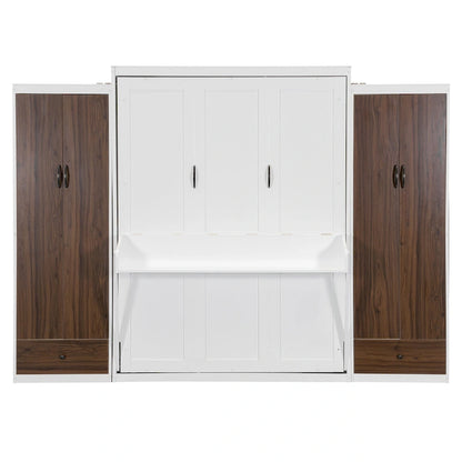 Murphy Bed Wall Bed with Wardrobe, Drawers, LED Light and Desk