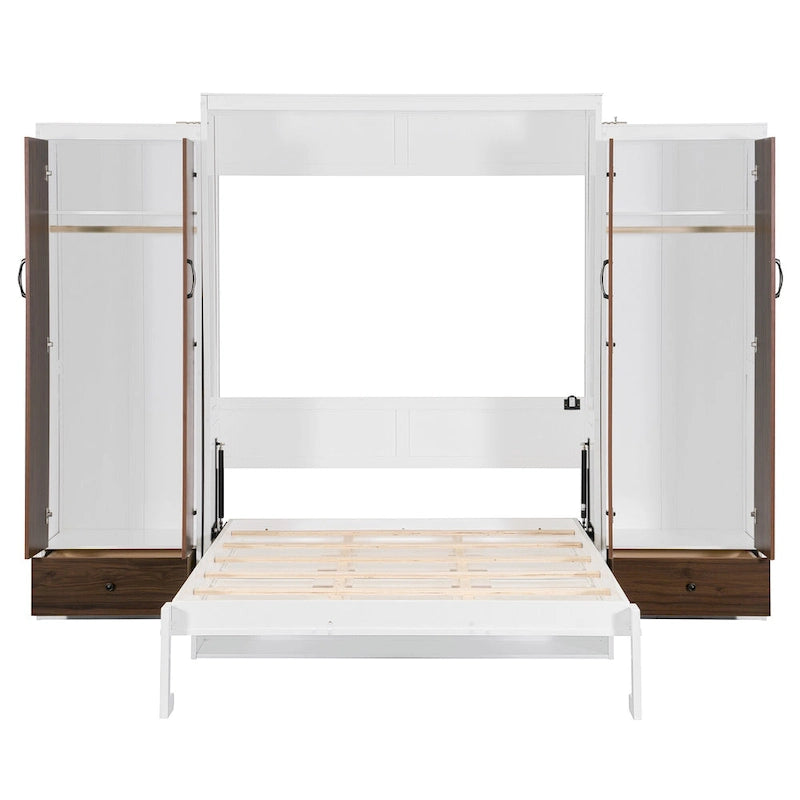 Murphy Bed Wall Bed with Wardrobe, Drawers, LED Light and Desk