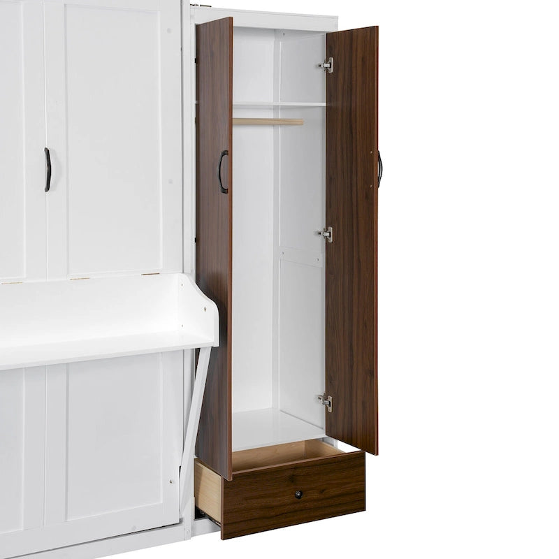 Murphy Bed Wall Bed with Wardrobe, Drawers, LED Light and Desk