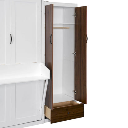 Murphy Bed Wall Bed with Wardrobe, Drawers, LED Light and Desk