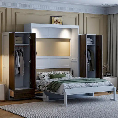 Murphy Bed Wall Bed with Wardrobe, Drawers, LED Light and Desk