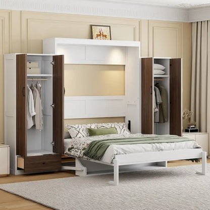 Murphy Bed Wall Bed with Wardrobe, Drawers, LED Light and Desk