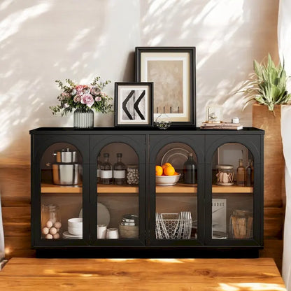 4-Door Large Storage Buffet Cabinet with Glass Doors, Adjustable Shelves and Arched Design for Kitchen, Dining Room