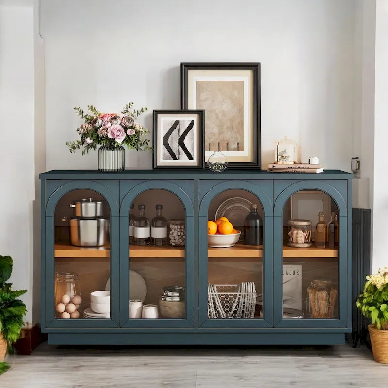 4-Door Large Storage Buffet Cabinet with Glass Doors, Adjustable Shelves and Arched Design for Kitchen, Dining Room