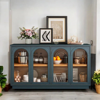 4-Door Large Storage Buffet Cabinet with Glass Doors, Adjustable Shelves and Arched Design for Kitchen, Dining Room