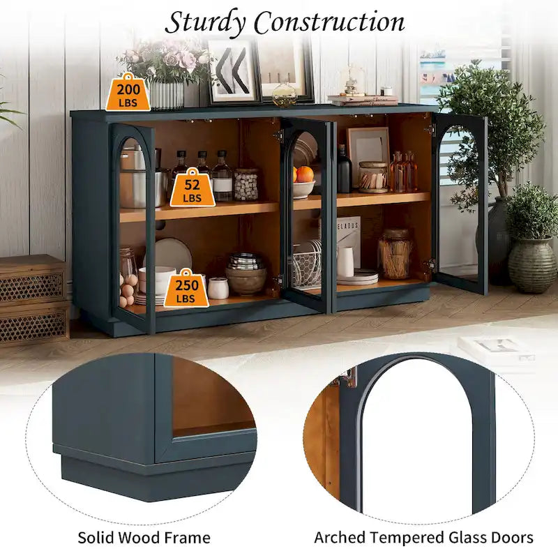 4-Door Large Storage Buffet Cabinet with Glass Doors, Adjustable Shelves and Arched Design for Kitchen, Dining Room