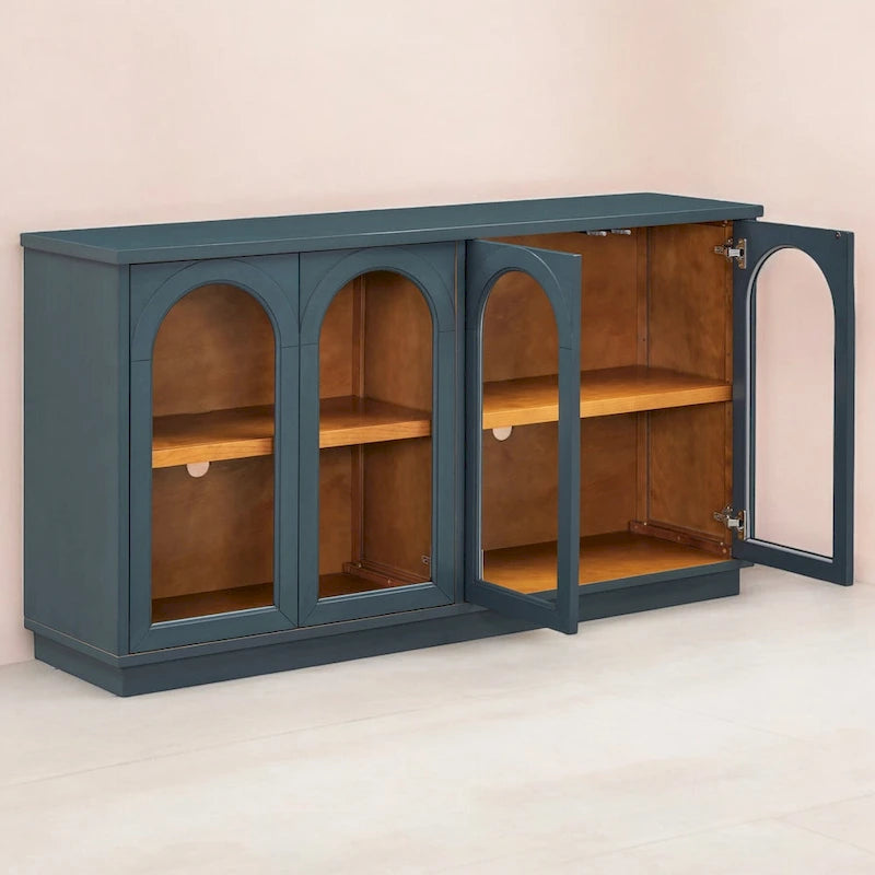 4-Door Large Storage Buffet Cabinet with Glass Doors, Adjustable Shelves and Arched Design for Kitchen, Dining Room