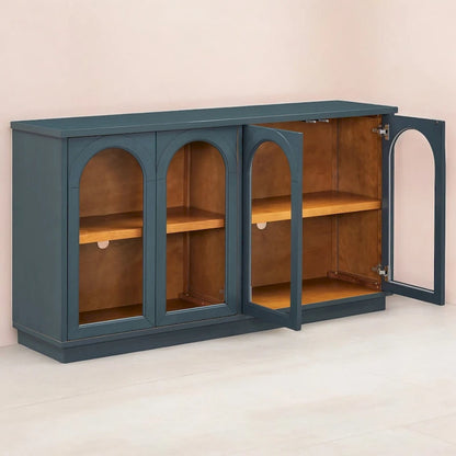 4-Door Large Storage Buffet Cabinet with Glass Doors, Adjustable Shelves and Arched Design for Kitchen, Dining Room
