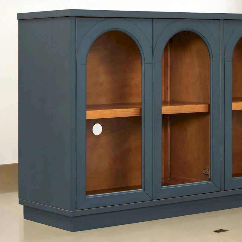 4-Door Large Storage Buffet Cabinet with Glass Doors, Adjustable Shelves and Arched Design for Kitchen, Dining Room