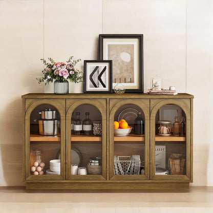 4-Door Large Storage Buffet Cabinet with Glass Doors, Adjustable Shelves and Arched Design for Kitchen, Dining Room