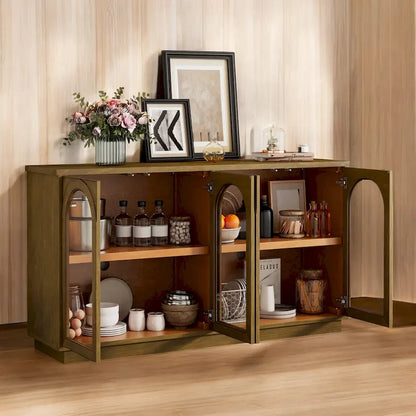 4-Door Large Storage Buffet Cabinet with Glass Doors, Adjustable Shelves and Arched Design for Kitchen, Dining Room
